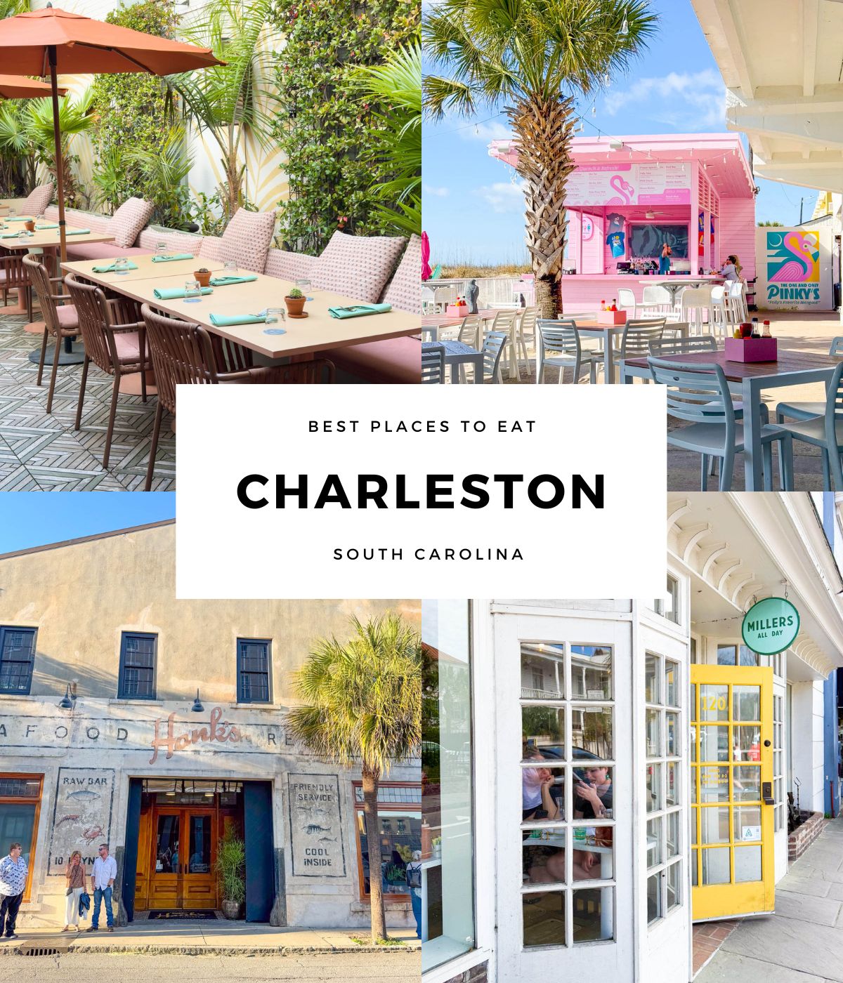 The photo collage shows four different restaurant fronts in Charleston.