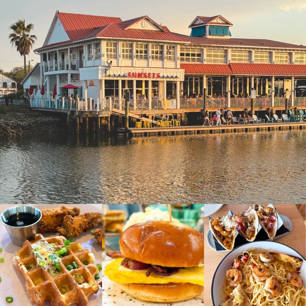 The photo collage shows a restaurant on the water next to 3 photos of food to eat in Charleston.