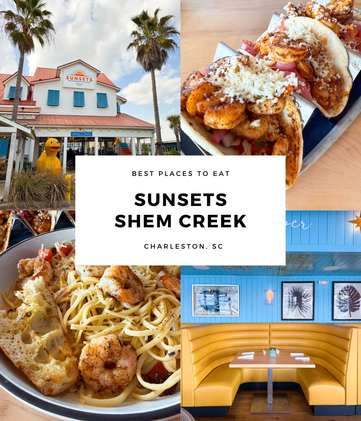 The photo collage shows the Shem Creek restaurant next to two menu items.