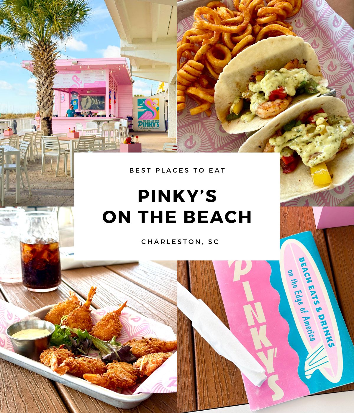 The photo collage shows the beachside restaurant, menu, and two menu items.