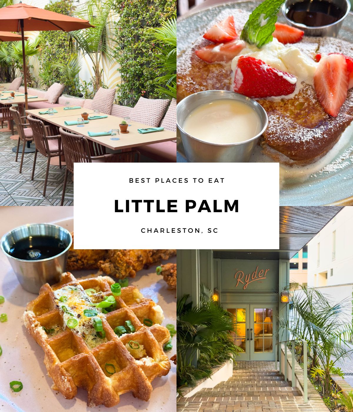 The photo collage shows the outdoor seating at the restaurant next to two menu items.