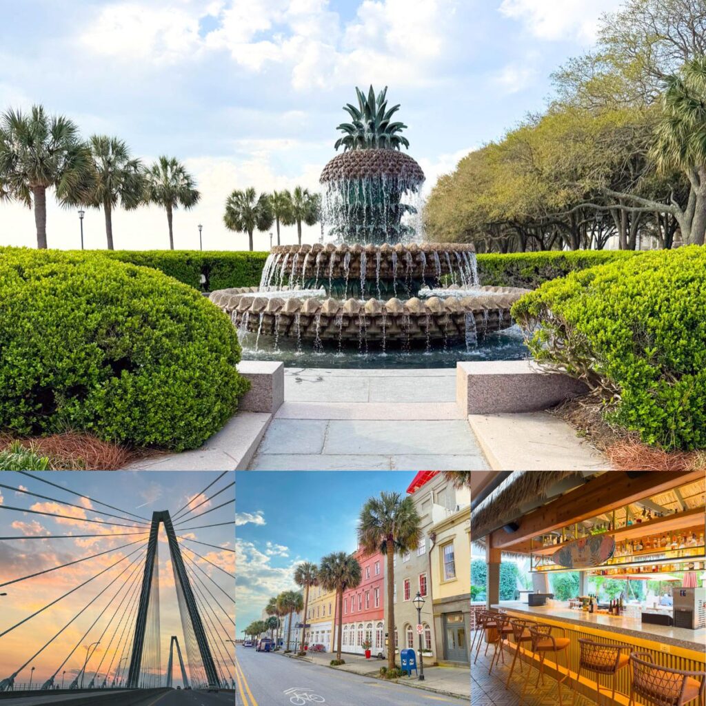 The photo collage shows several famous sights in Charleston, SC including the Pineapple Fountain.