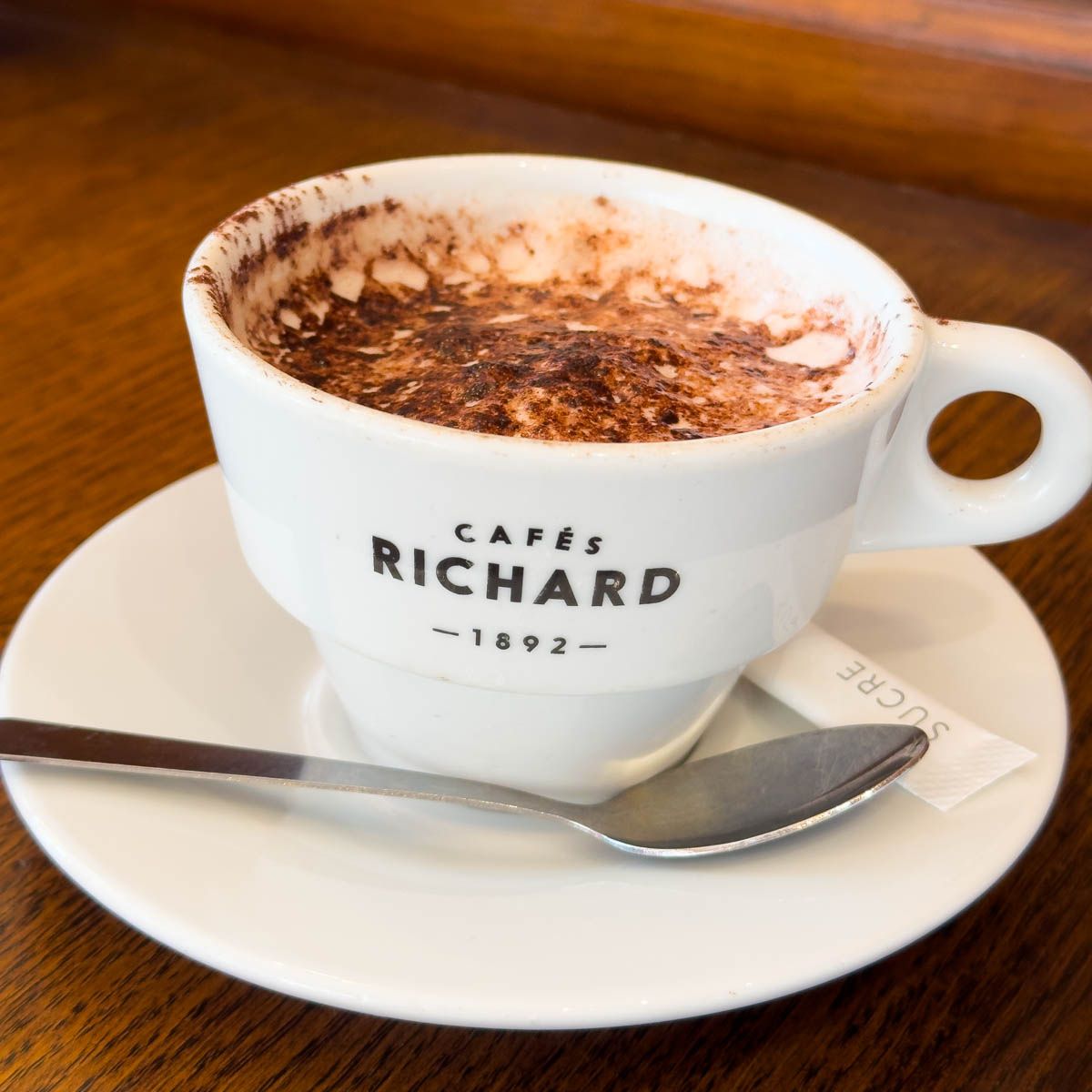 A cup of hot cocoa from a French bistro.