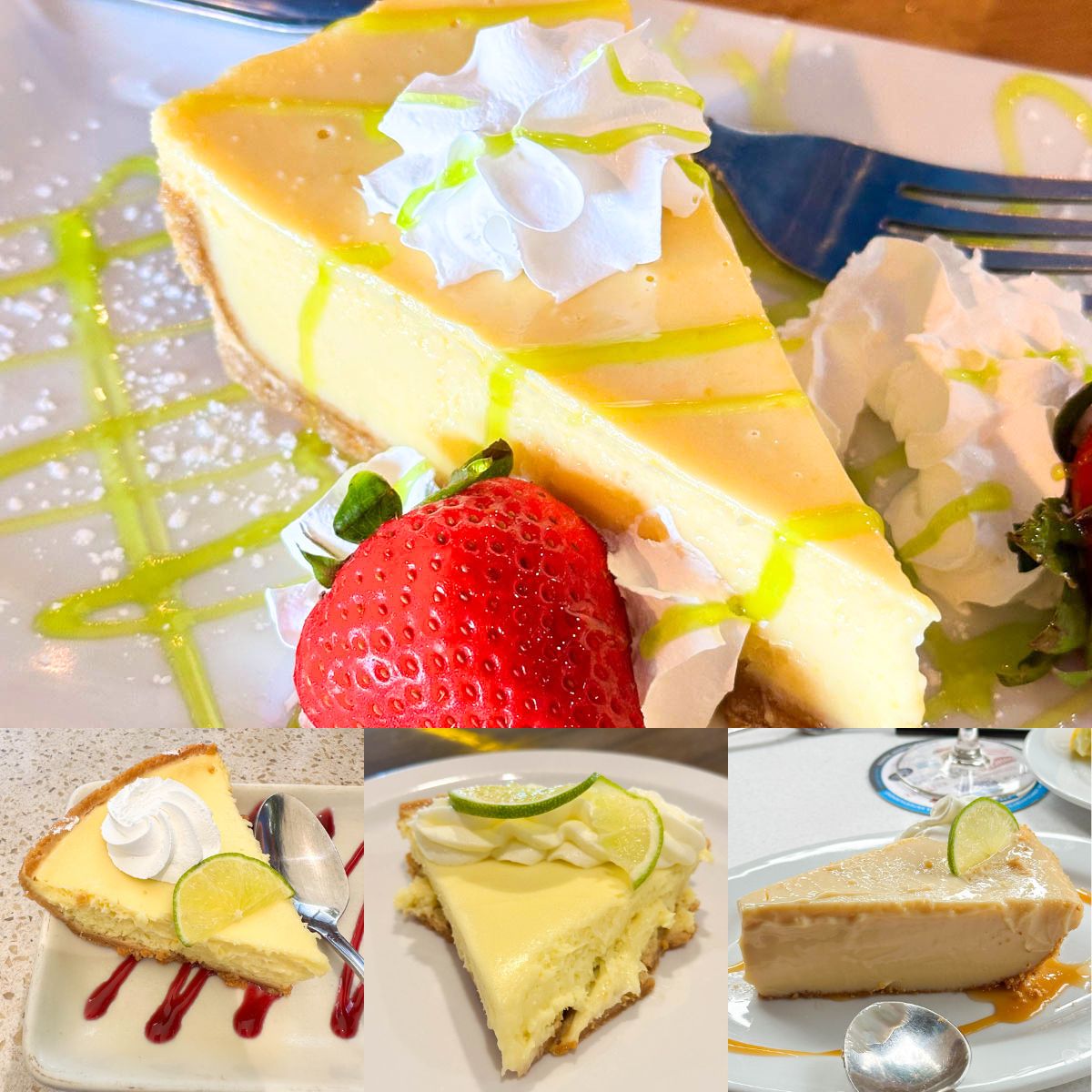A collage of 4 key lime pie slices from various restaurants in Hilton Head.