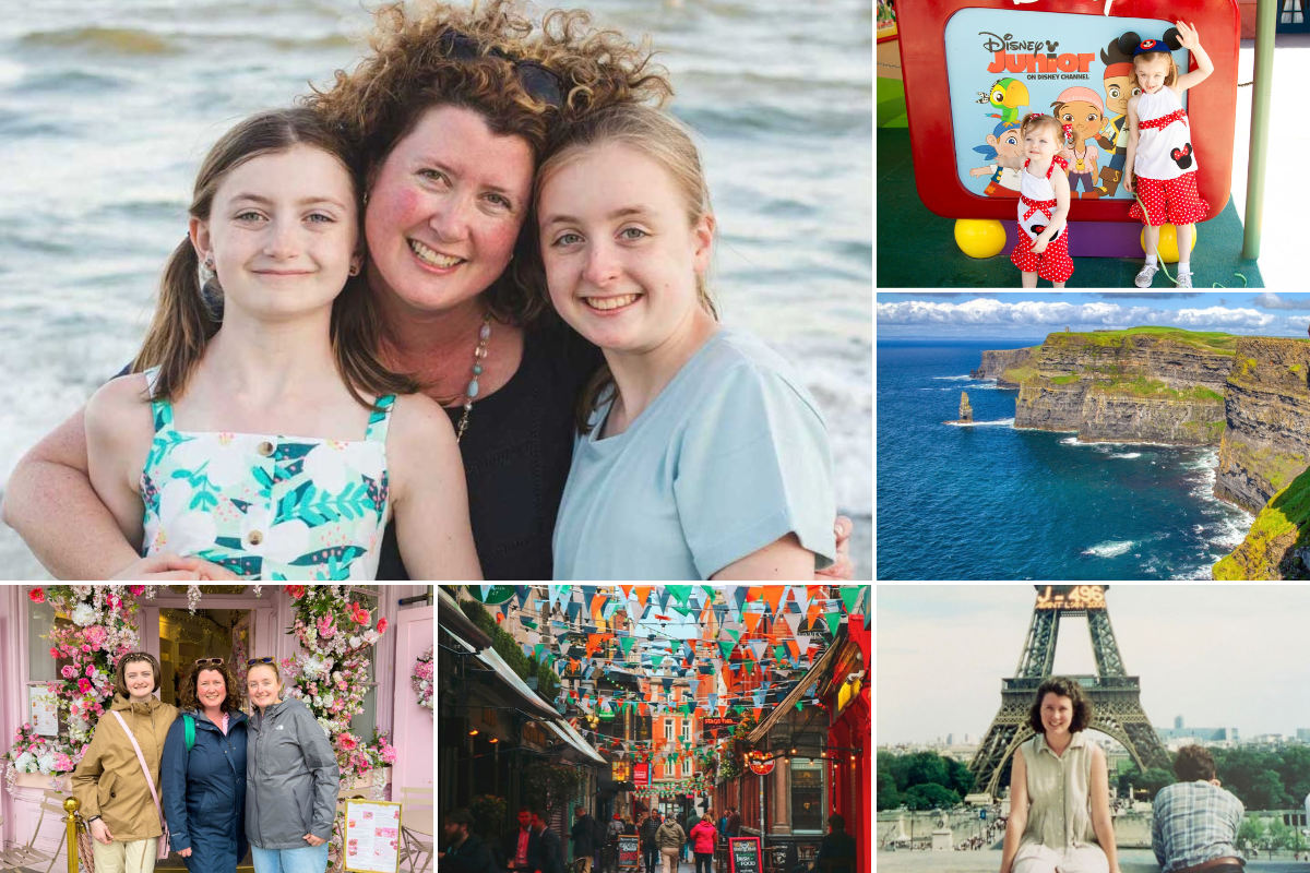 Collage of images featuring a large photo of Tiffany Dahle, founder of Don't Just Fly, on a beach with her two daughters. Other images feature, clockwise from upper right: Two young girls at Disney, the Cliffs of Moher, Tiffany in her 20s in front of the Eiffel Tower, Temple Bar district in Dublin, and Tiffany and her two daughters outside of a tea shop in London.