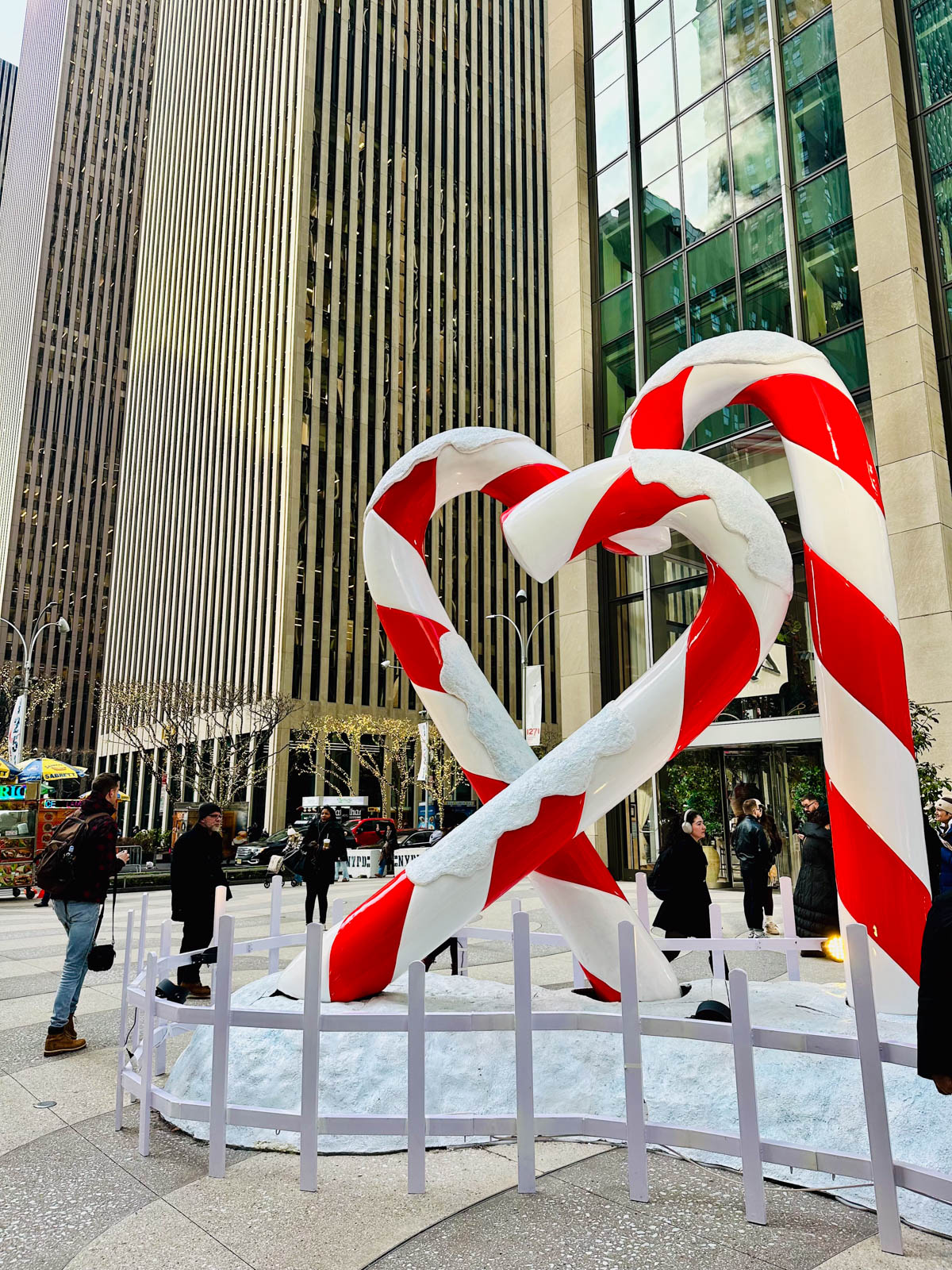 Giant candy cane art installation on Fifth Avenue in New York.