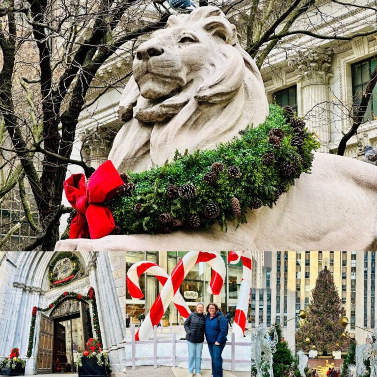 The photo collage shows several iconic New York City destinations decorated for Christmas.