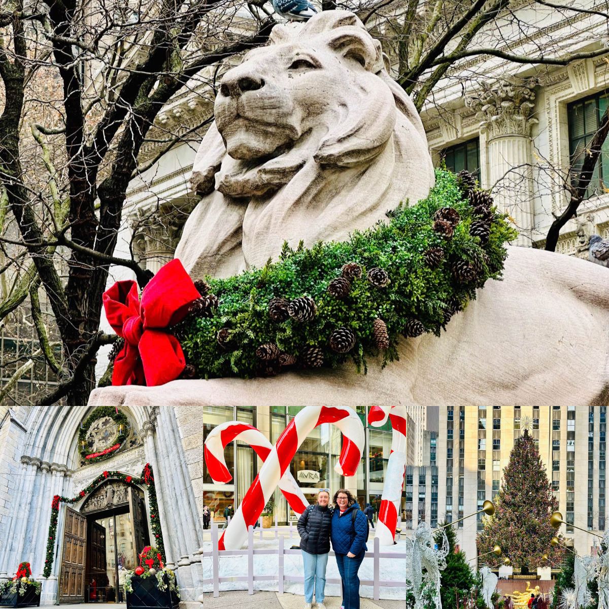 The photo collage shows several iconic New York City destinations decorated for Christmas.